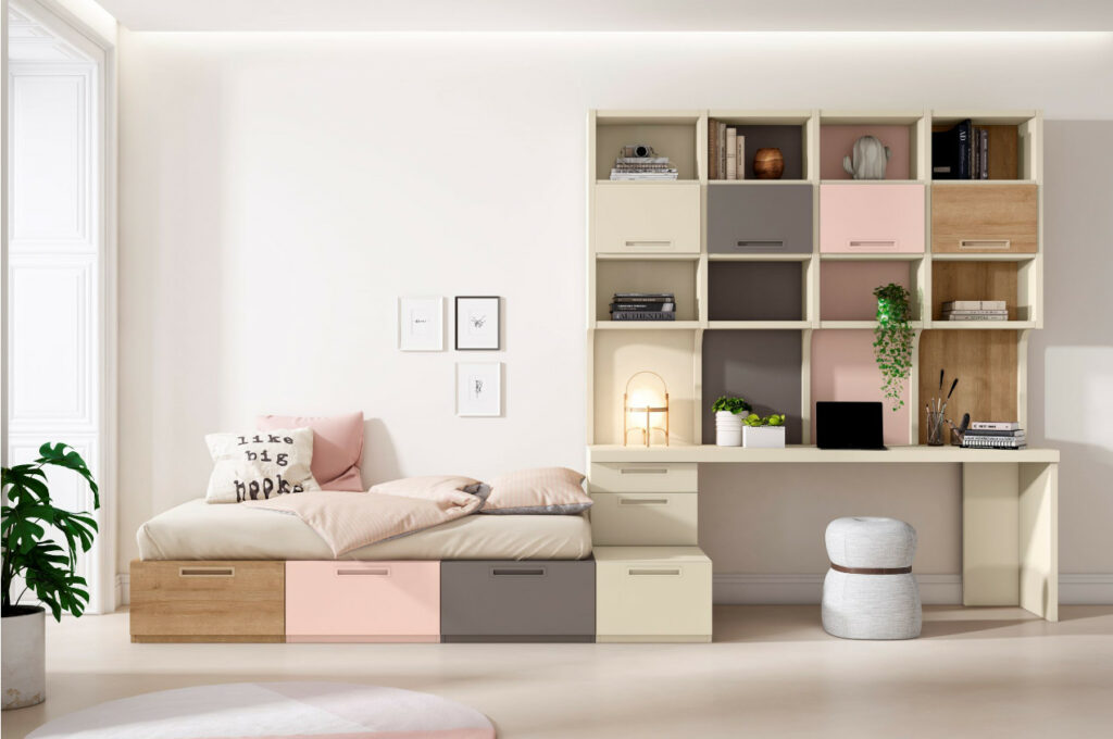 dormitorio juvenil rosa gris cajones escritorio