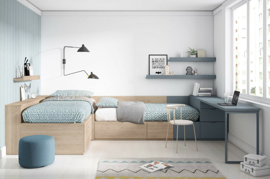 habitación juvenil dos camas escritorio espacios reducidos